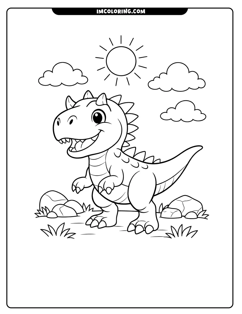 Simple line drawing of Smiling baby Allosaurus in a grassy field