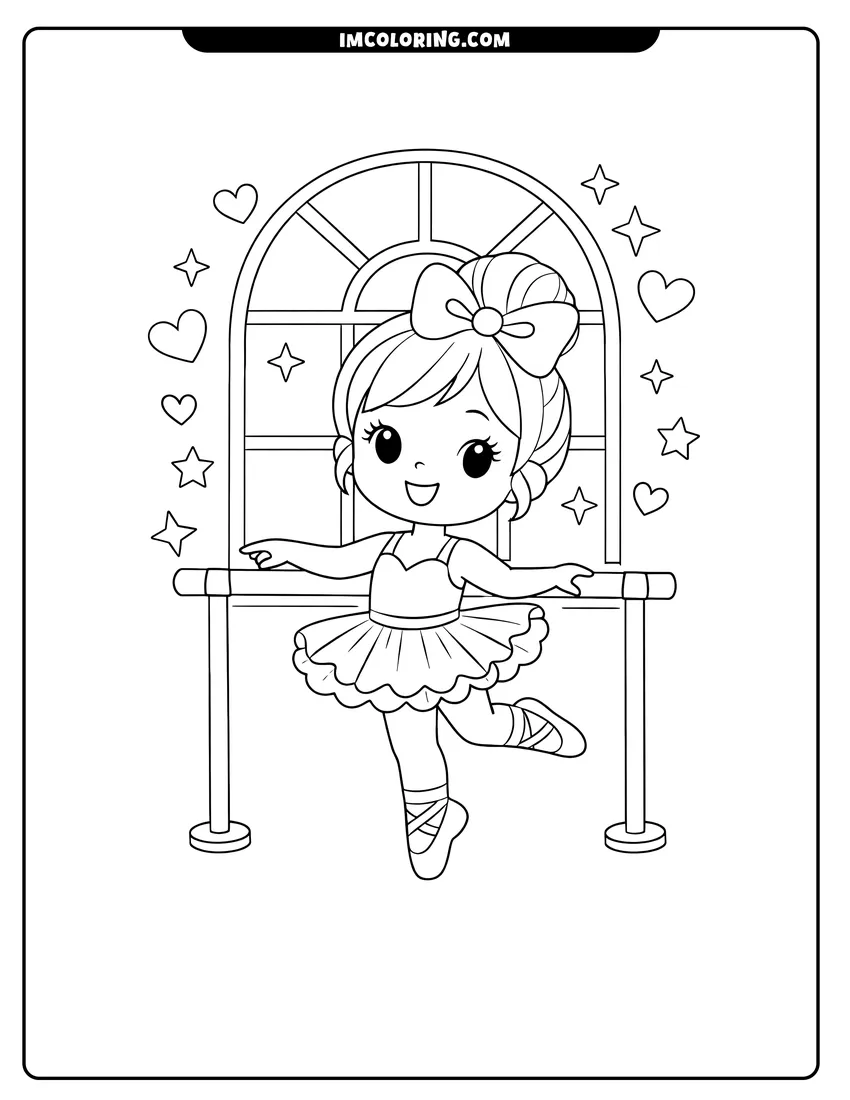 Happy ballerina practicing near an arched window coloring page for preschoolers