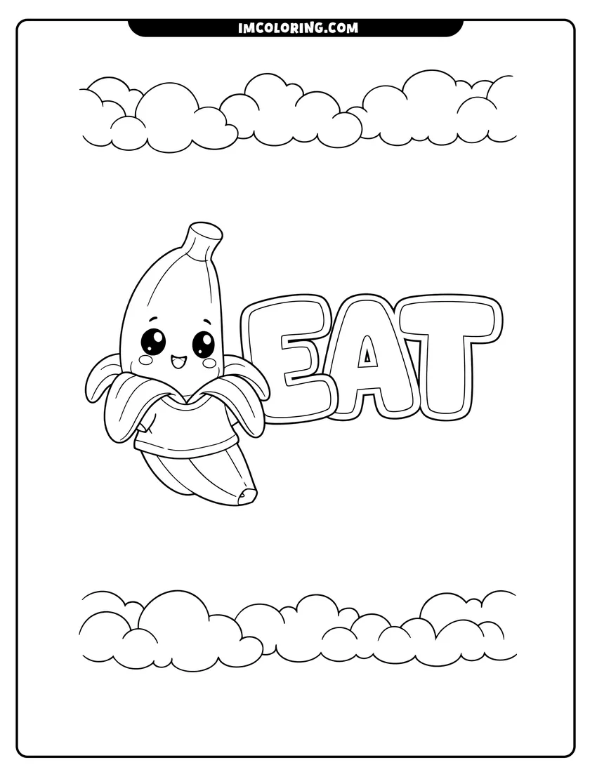 Outline of Cute banana next to the word Eat and clouds on a white background