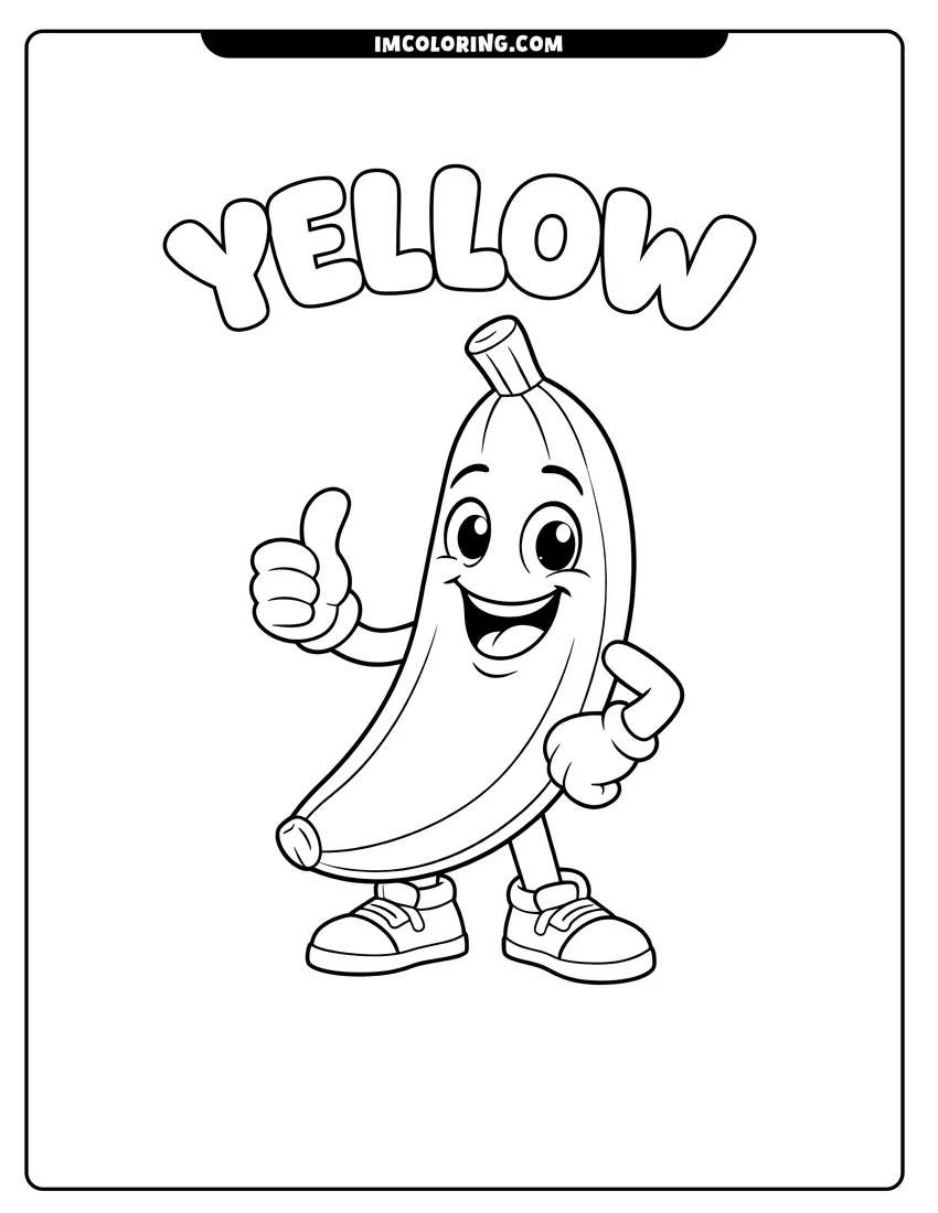 Line art depicting Cartoon banana below the word yellow in bubble letters