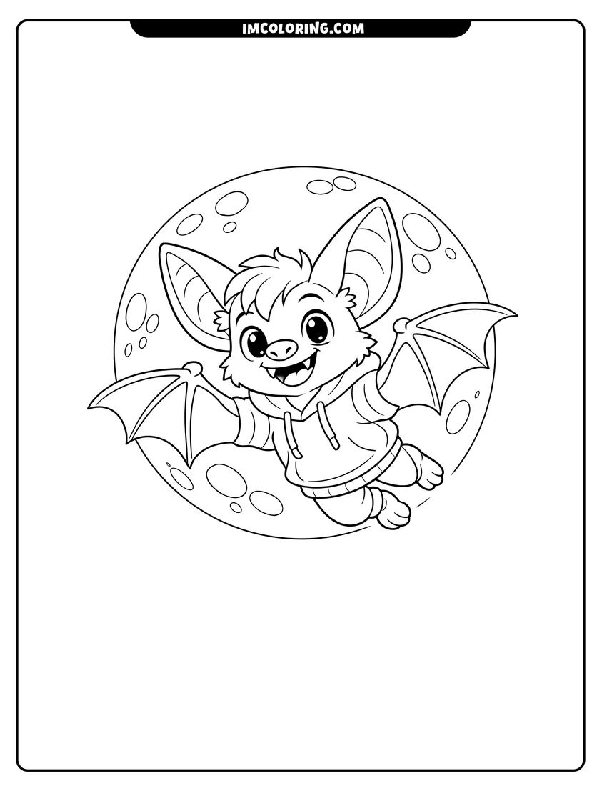 Scene showing Teenage bat wearing a hoodie sweatshirt flying to color