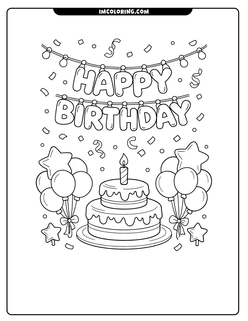 Letter balloons over a birthday cake coloring page for preschoolers