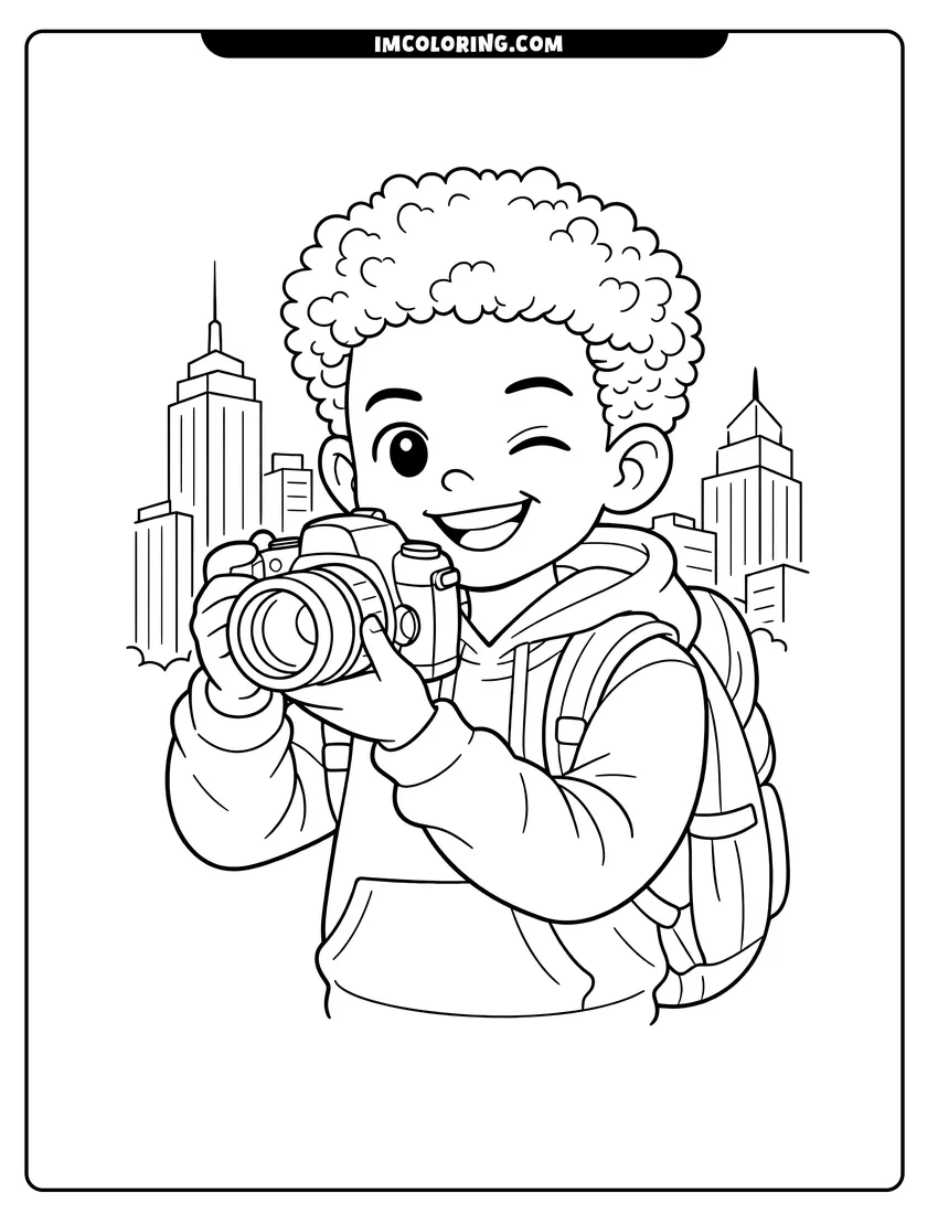 Printable Black boy with a camera taking city photos coloring activity