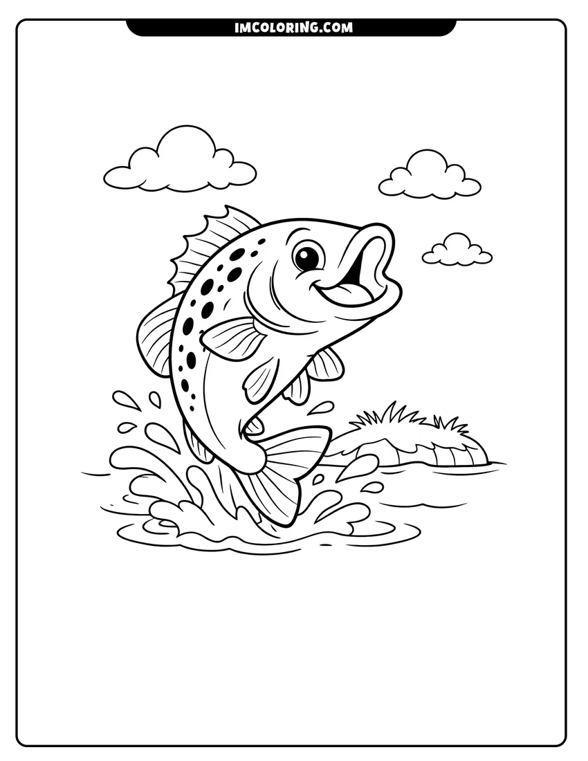 Detailed Happy cartoon bass leaping out of the water design for coloring