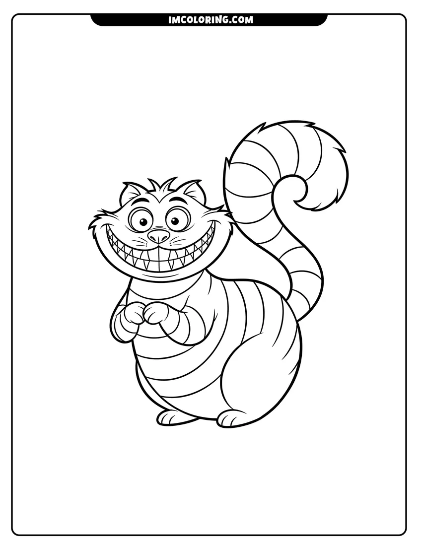 Coloring sheet of Simple Cheshire Cat with a large fluffy tail for kids