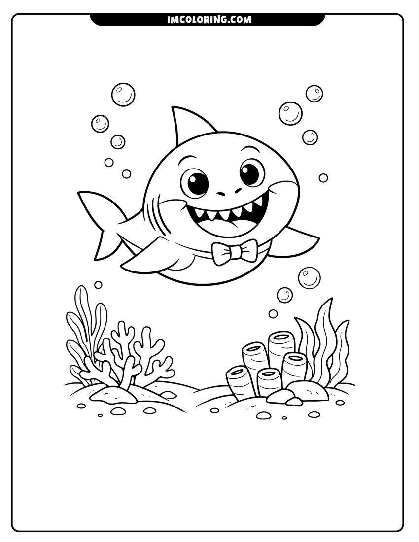 Coloring sheet of Daddy Shark swimming above coral and seaweed for kids