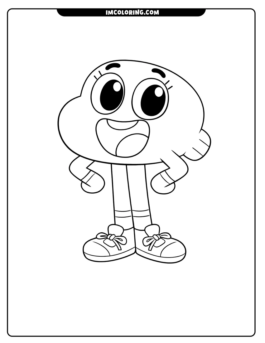 Detailed Darwin Watterson standing with big eyes and sneakers design for coloring