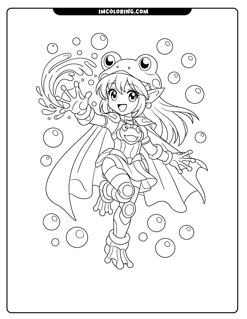 Printable outline of Elfin in frog armor casting water spell