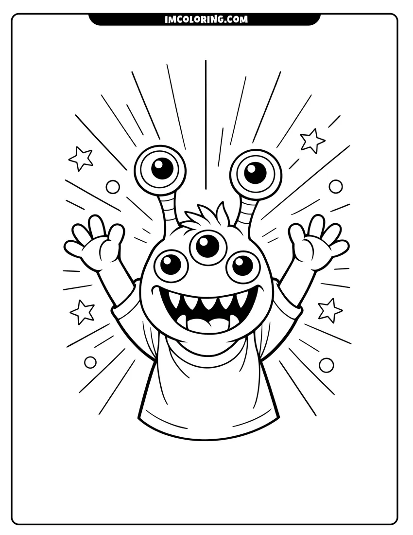 Detailed Five-eyed alien with a big smile and raised arms design for coloring