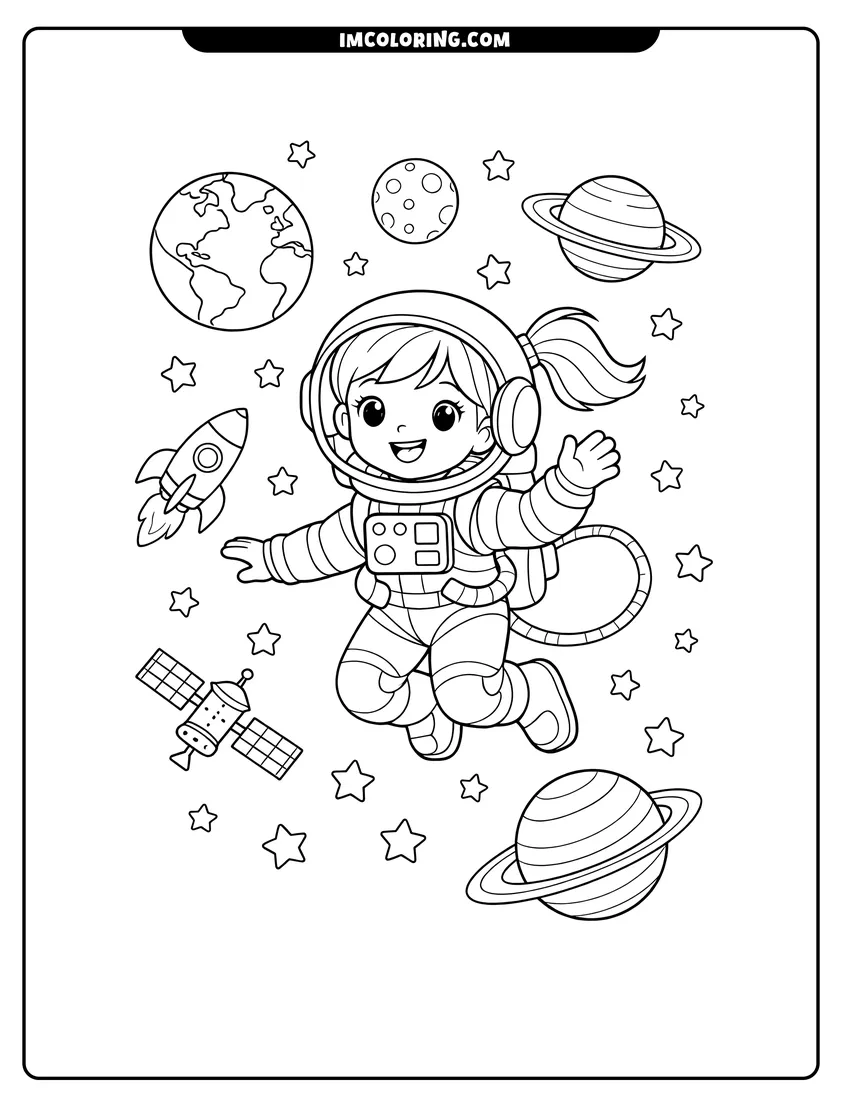 Scene showing Girl astronaut with ponytail floating with rockets to color
