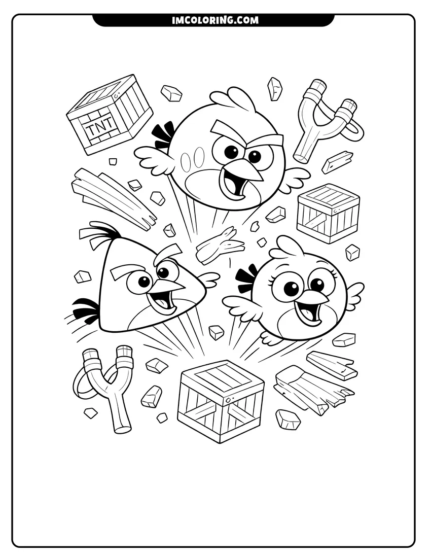 Scene showing Three happy birds flying among TNT and wood planks to color