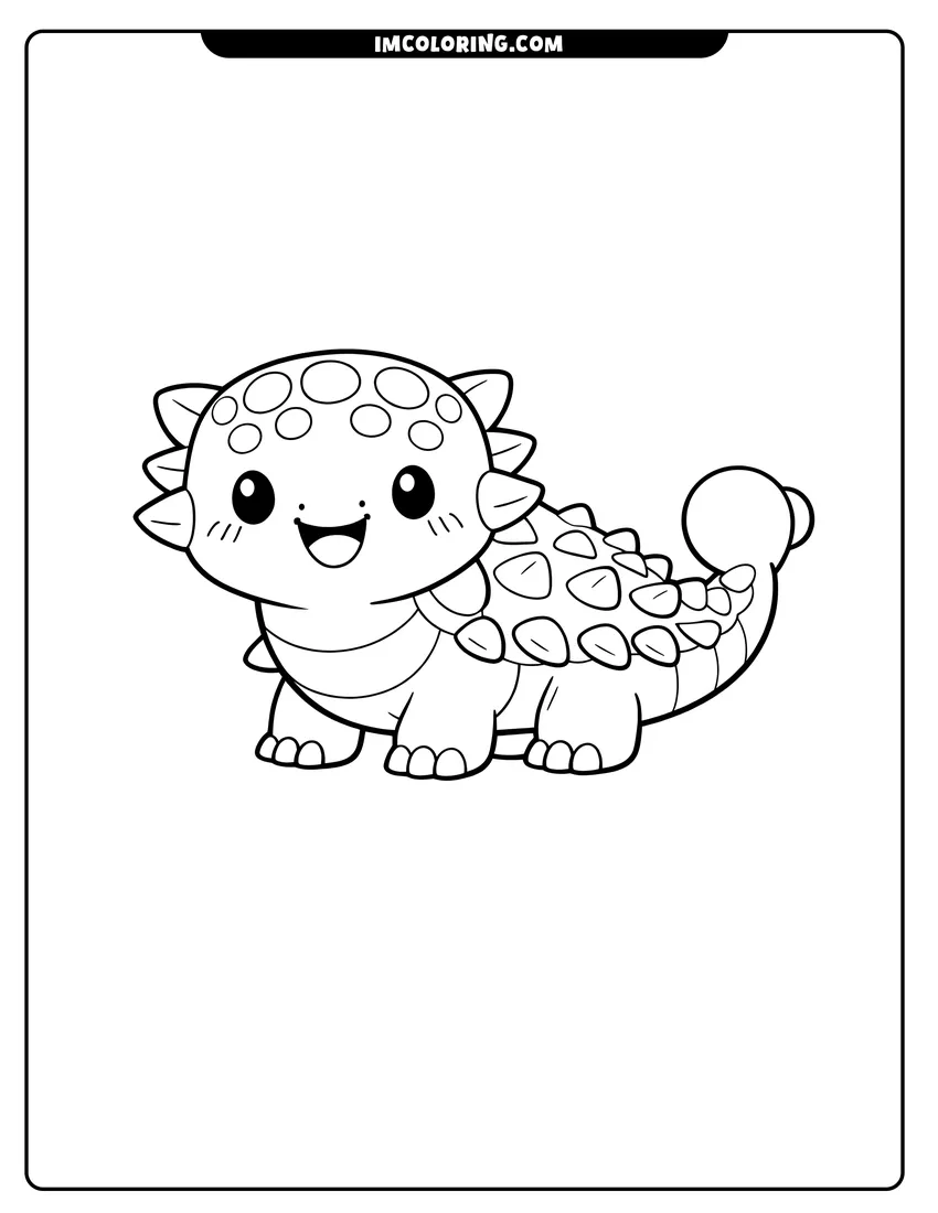 Outline of Kawaii Ankylosaurus with a spotted head and ridged armor on a white background