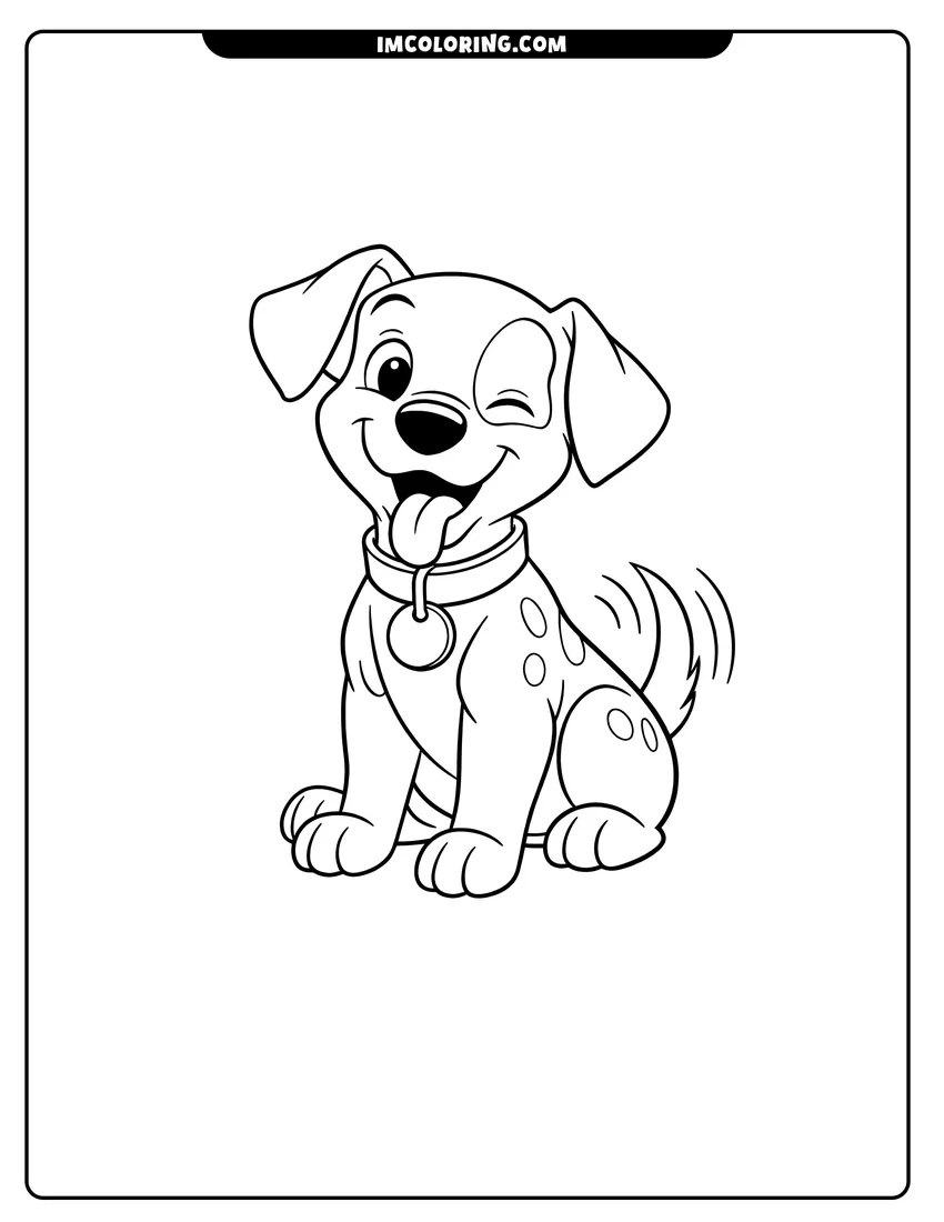 Printable coloring page featuring Patch the dalmatian puppy with an eye patch