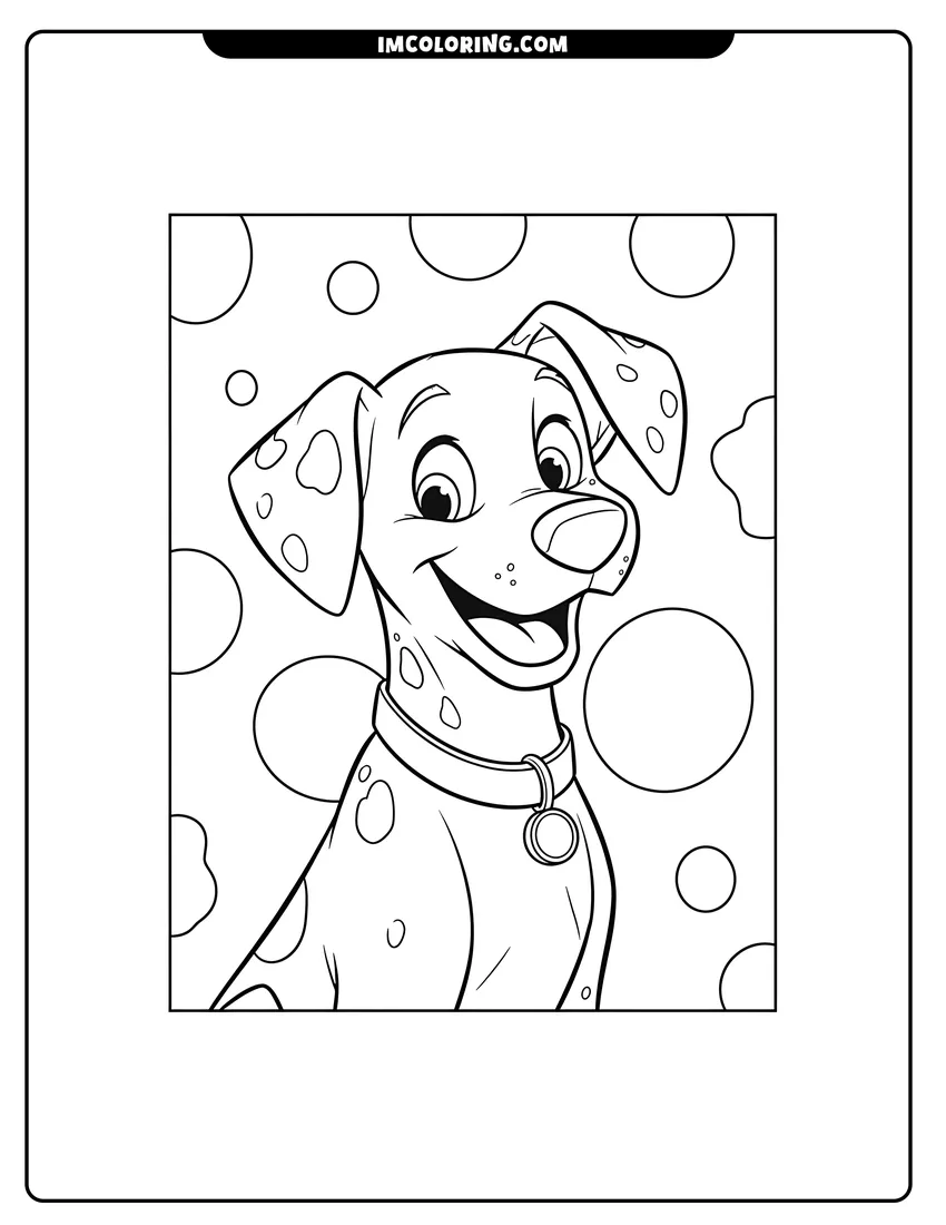 Easy-to-color Pongo the dalmatian dog with floating spots illustration