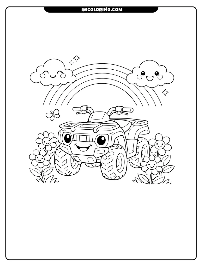 Easy-to-color Cute UTV in a meadow with a rainbow illustration