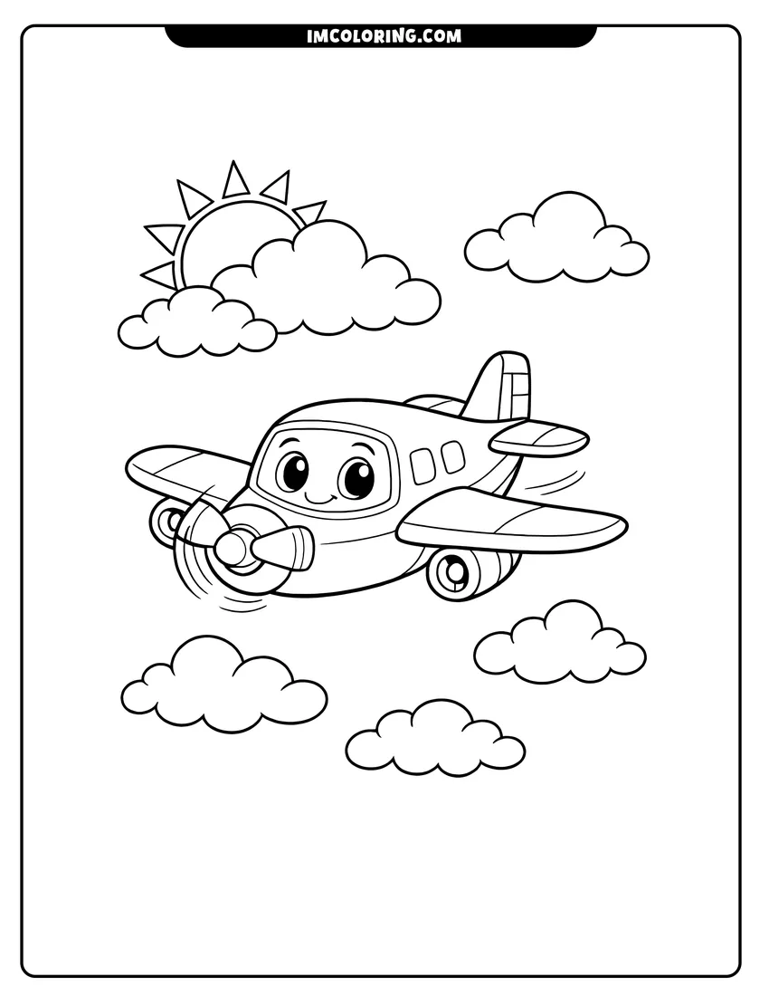 Printable outline of Friendly cartoon propeller airplane with a smiling face