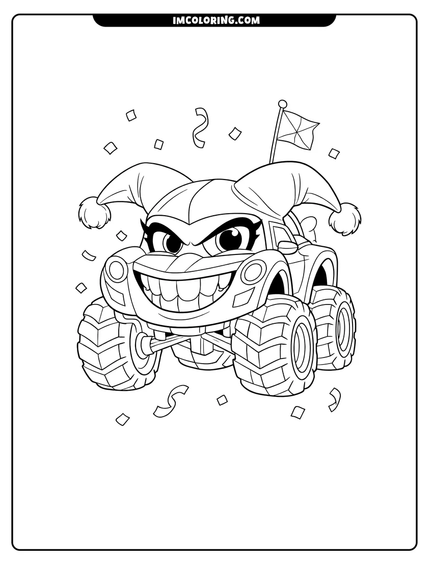 Detailed Harley Quinn's car with jester ears and monster wheels design for coloring