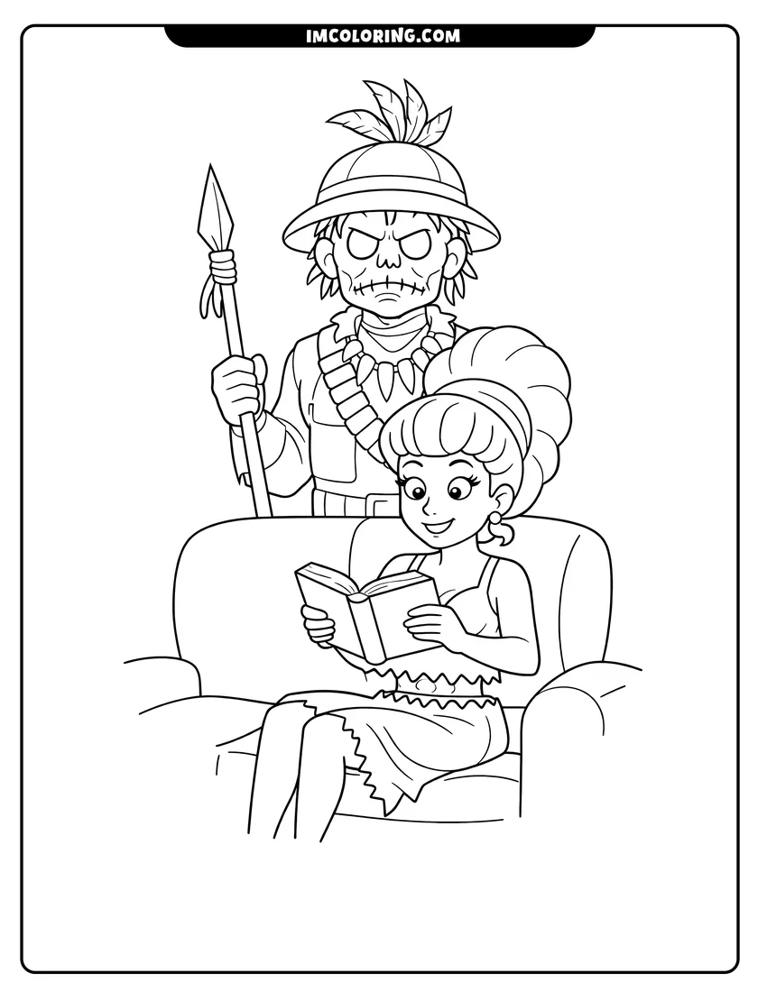 Coloring sheet of Harry the Hunter standing behind a woman reading a book for kids
