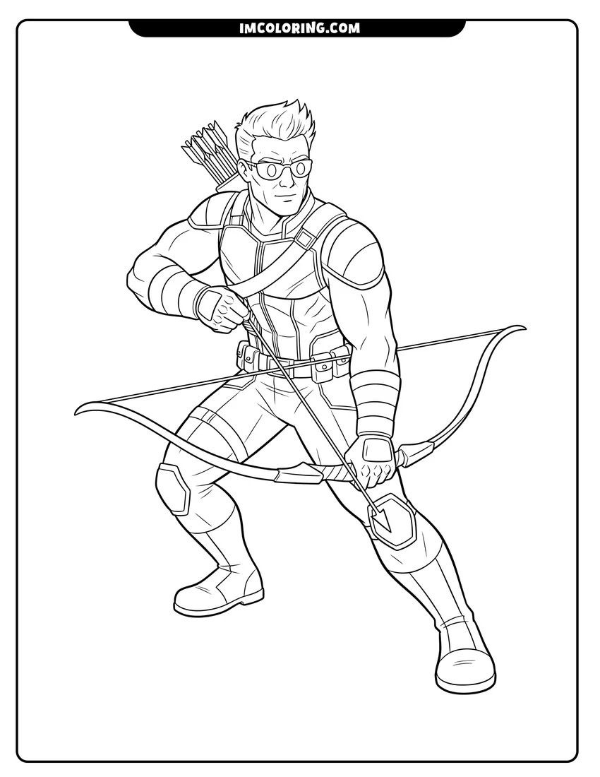 Scene showing Hawkeye with bow reaching for an arrow to color