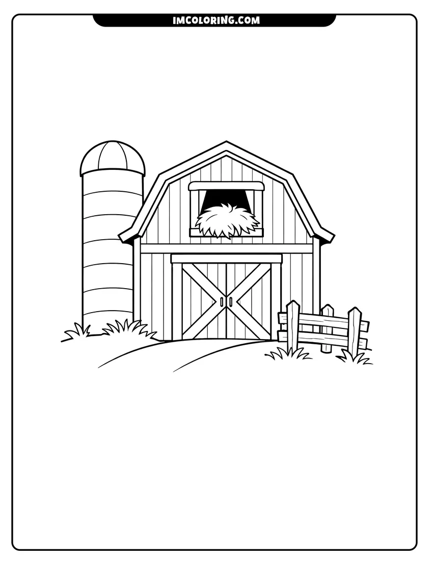 Kawaii style Barn with a hay-filled loft and tall silo coloring picture
