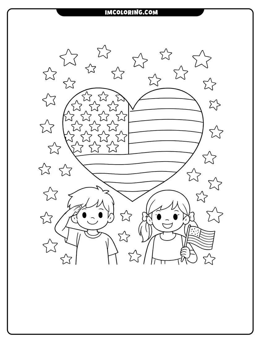 Cute Heart shaped American flag surrounded by small stars outline for coloring