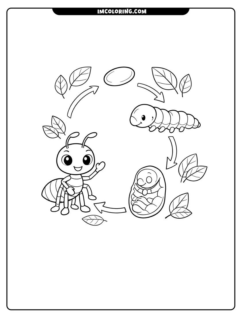 Coloring sheet of Life cycle stages of an ant with arrows for kids