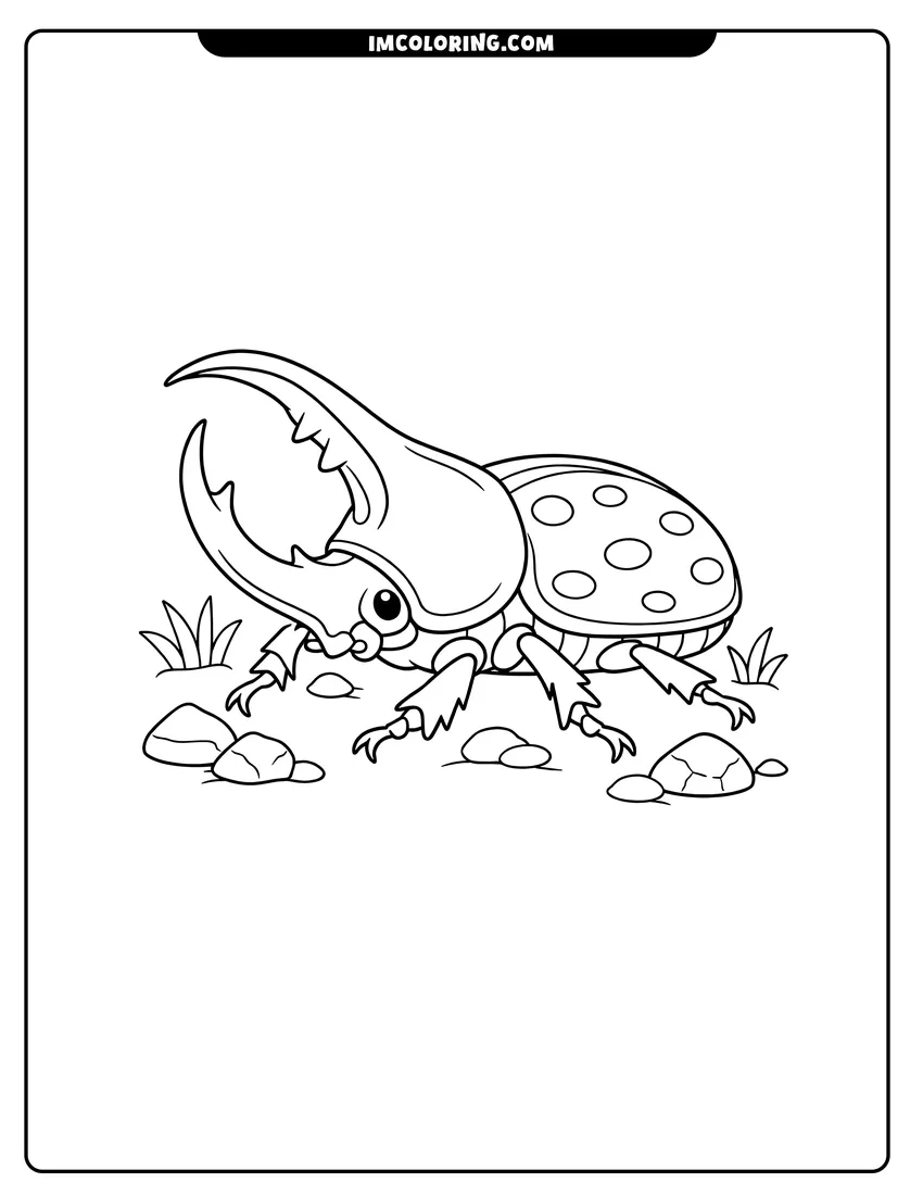 Kids activity sheet showing Hercules beetle with pincer-like horns on grassy ground