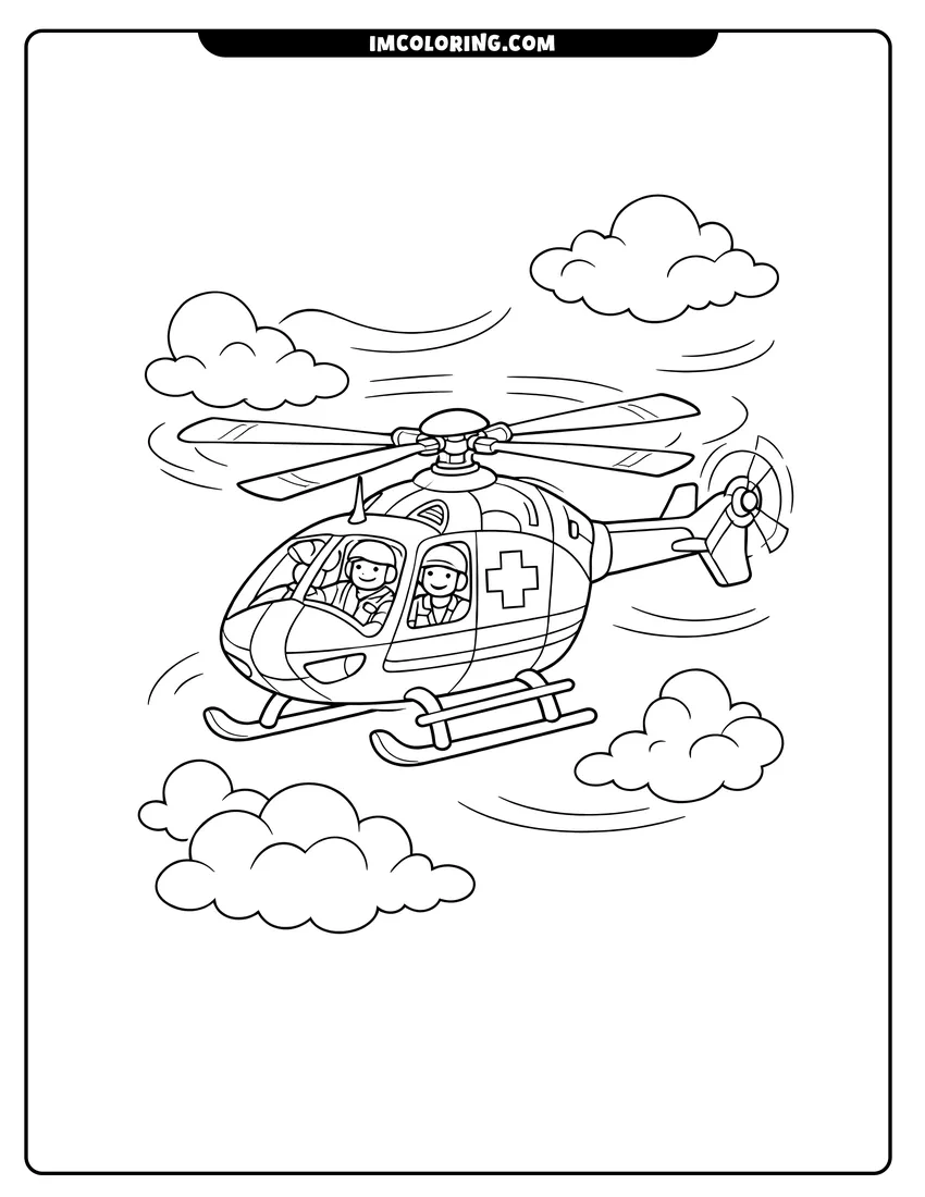 Printable coloring page featuring Detailed air ambulance helicopter flying among large fluffy clouds