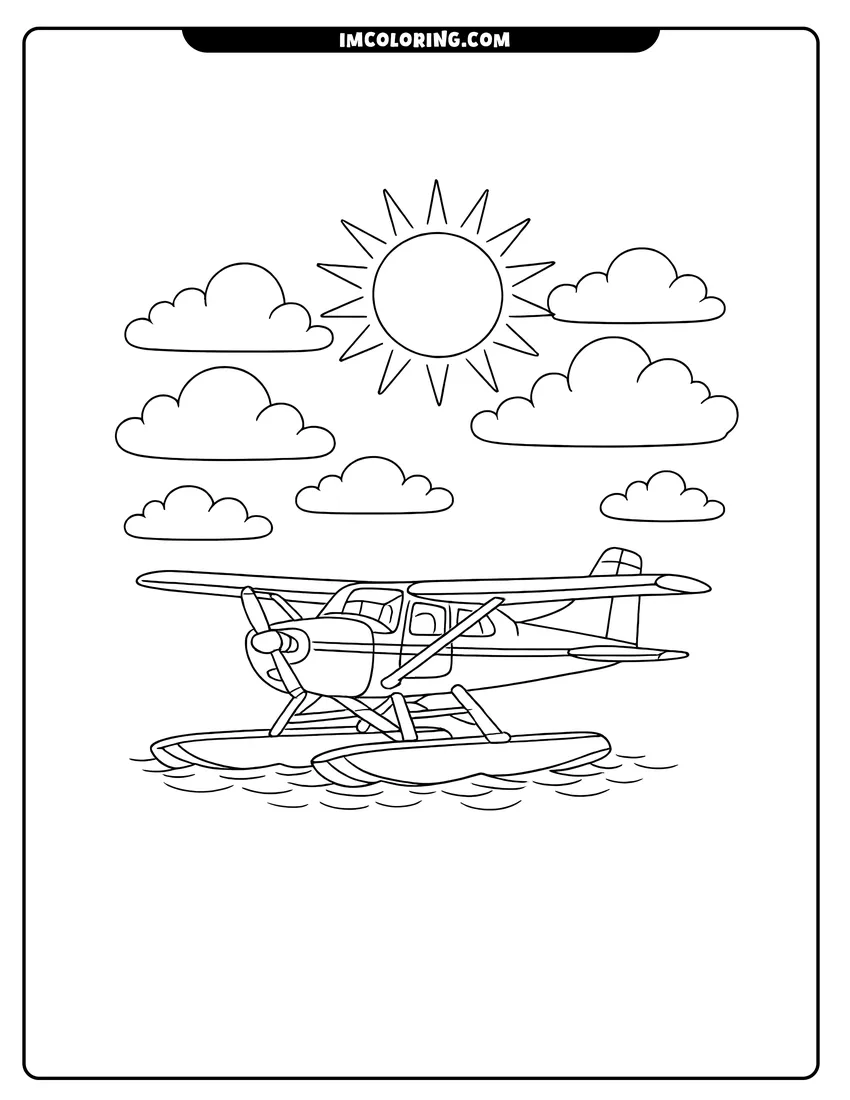 Printable coloring page featuring High-wing seaplane resting on floats on gentle water