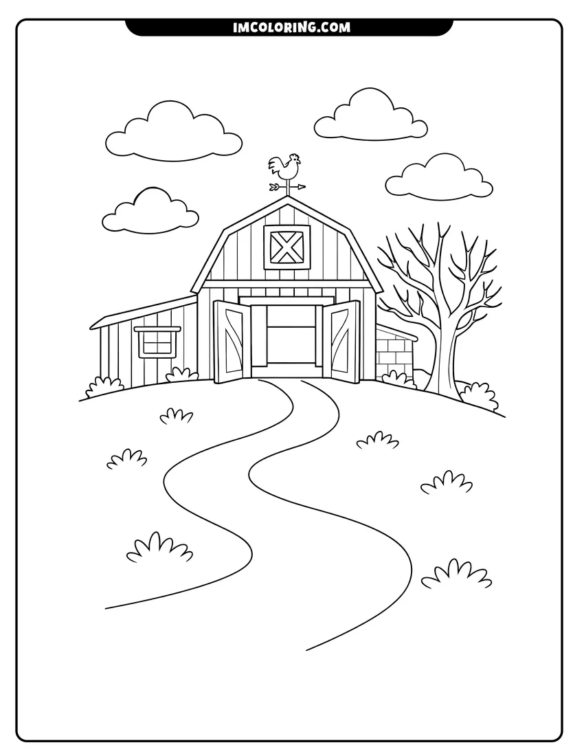 Printable outline of Classic gambrel-roof barn on a grassy hill