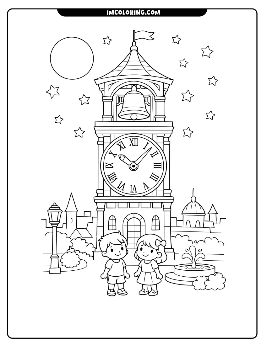 Illustration of Historic clock tower with a large bell and moon ready for painting