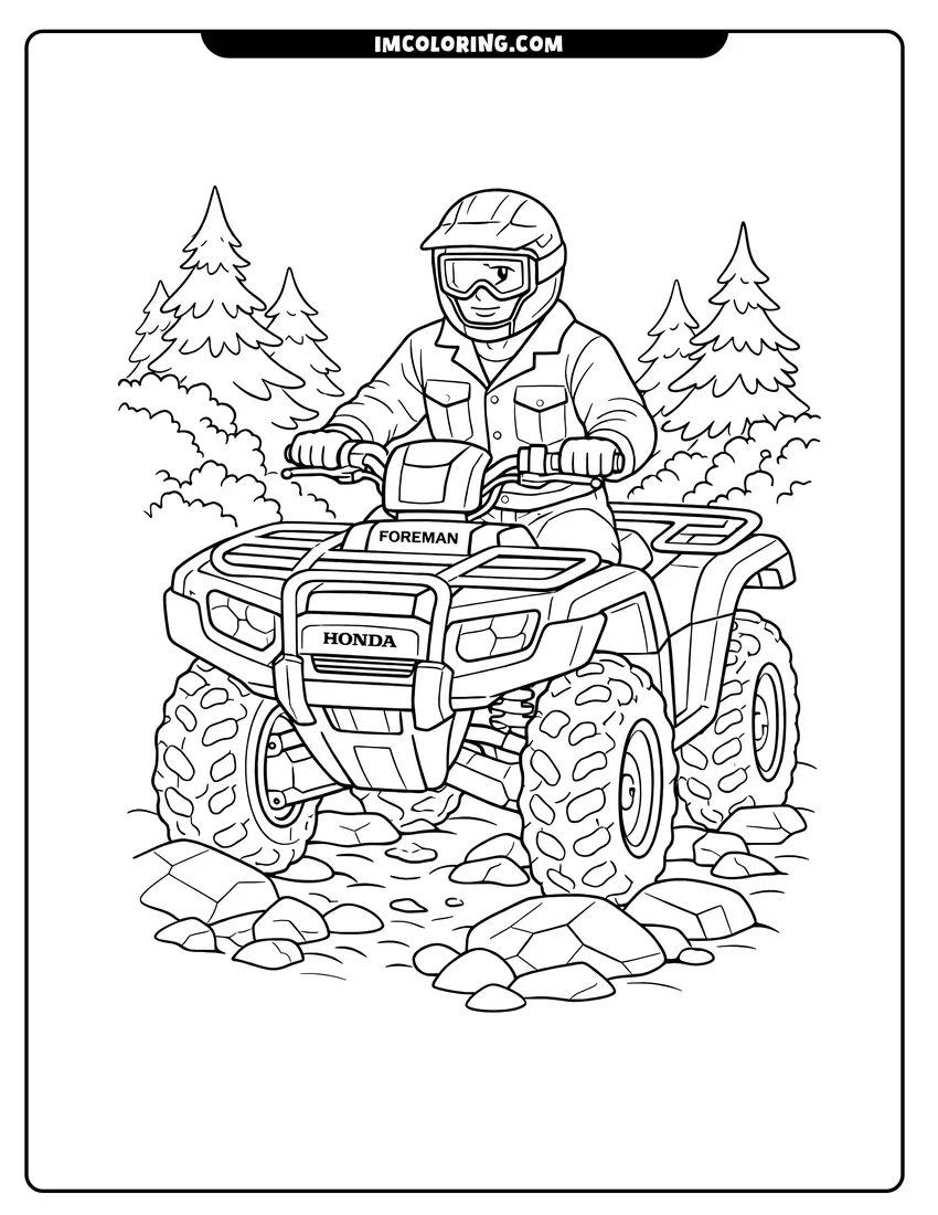 Simple line drawing of Man driving a Honda Foreman ATV in the forest