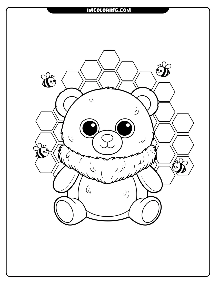 Beanie Boo bear with honeycomb background coloring page for preschoolers