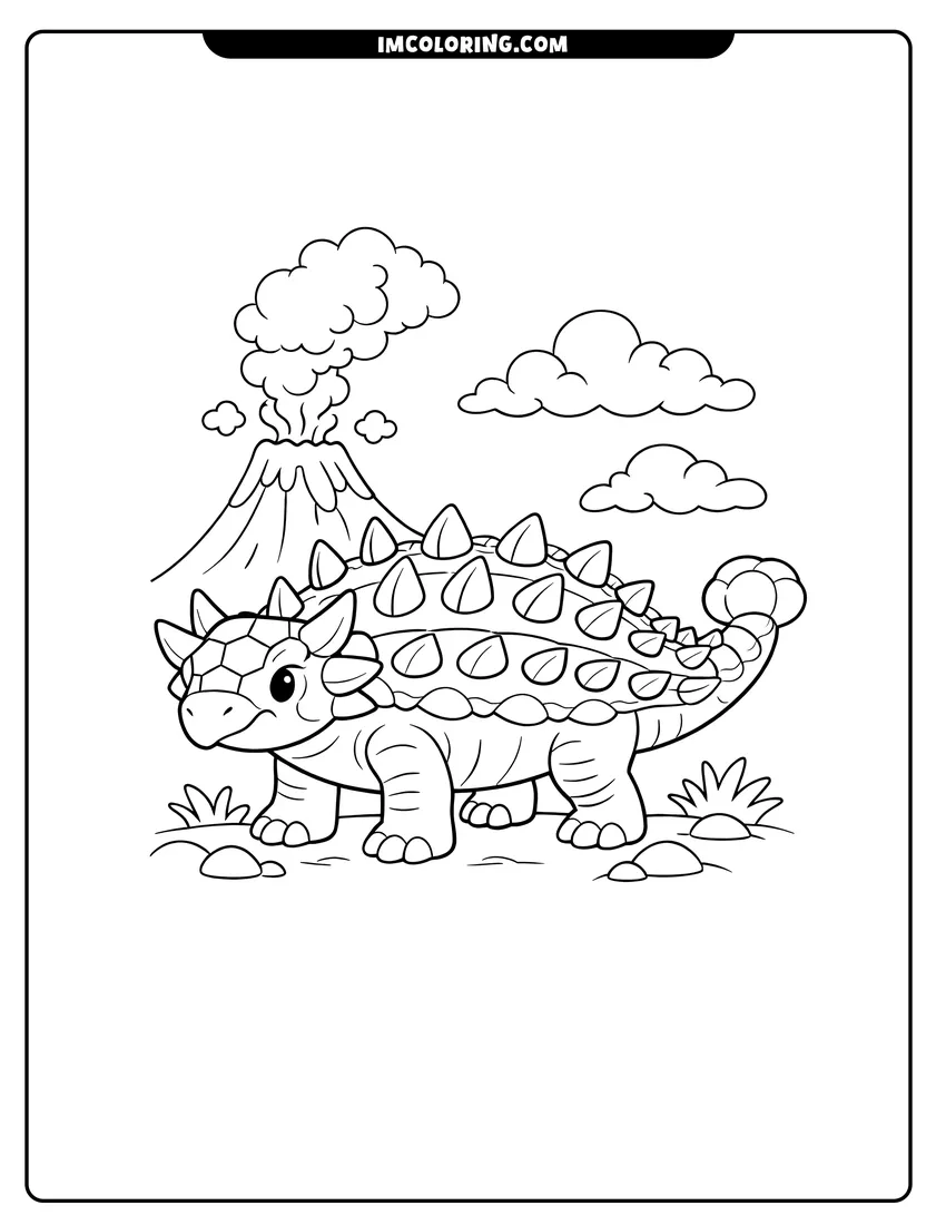 Kawaii style Armored Ankylosaurus with horns standing near a smoking volcano coloring picture