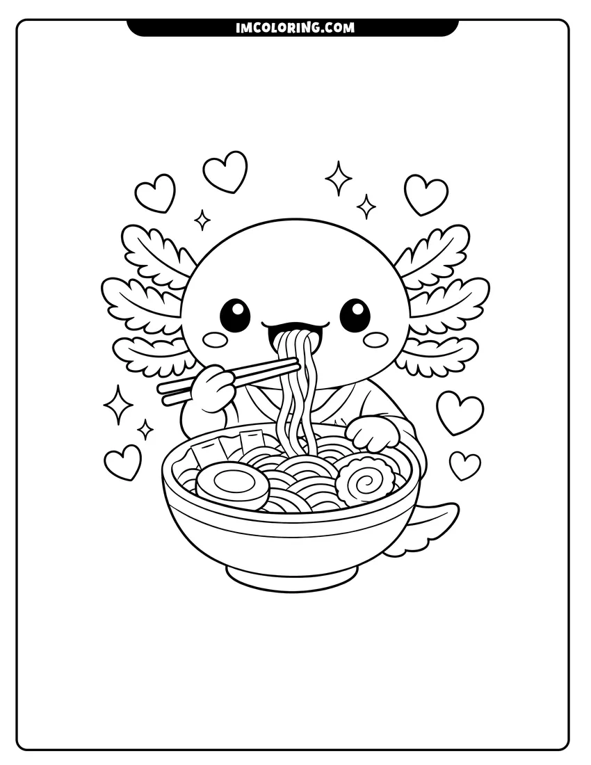 Scene showing Axolotl eating a bowl of ramen with chopsticks to color