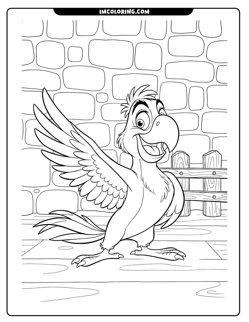 Simple sketch of Iago the parrot with open beak and outstretched wing for children