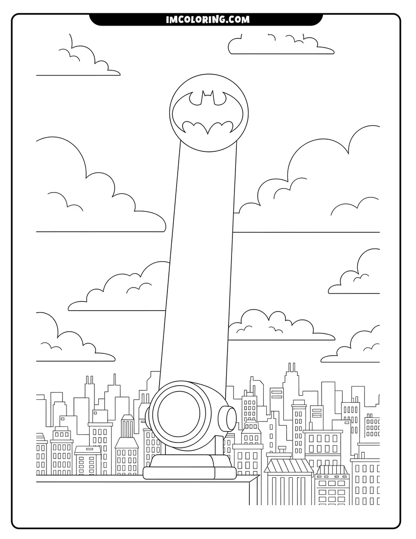Simple line drawing of Iconic Bat-Signal emblem projected onto clouds over the city