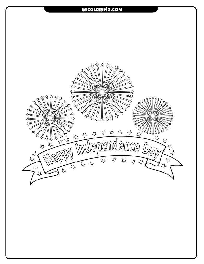 Coloring sheet featuring Fireworks bursting above a Happy Independence Day banner with stars
