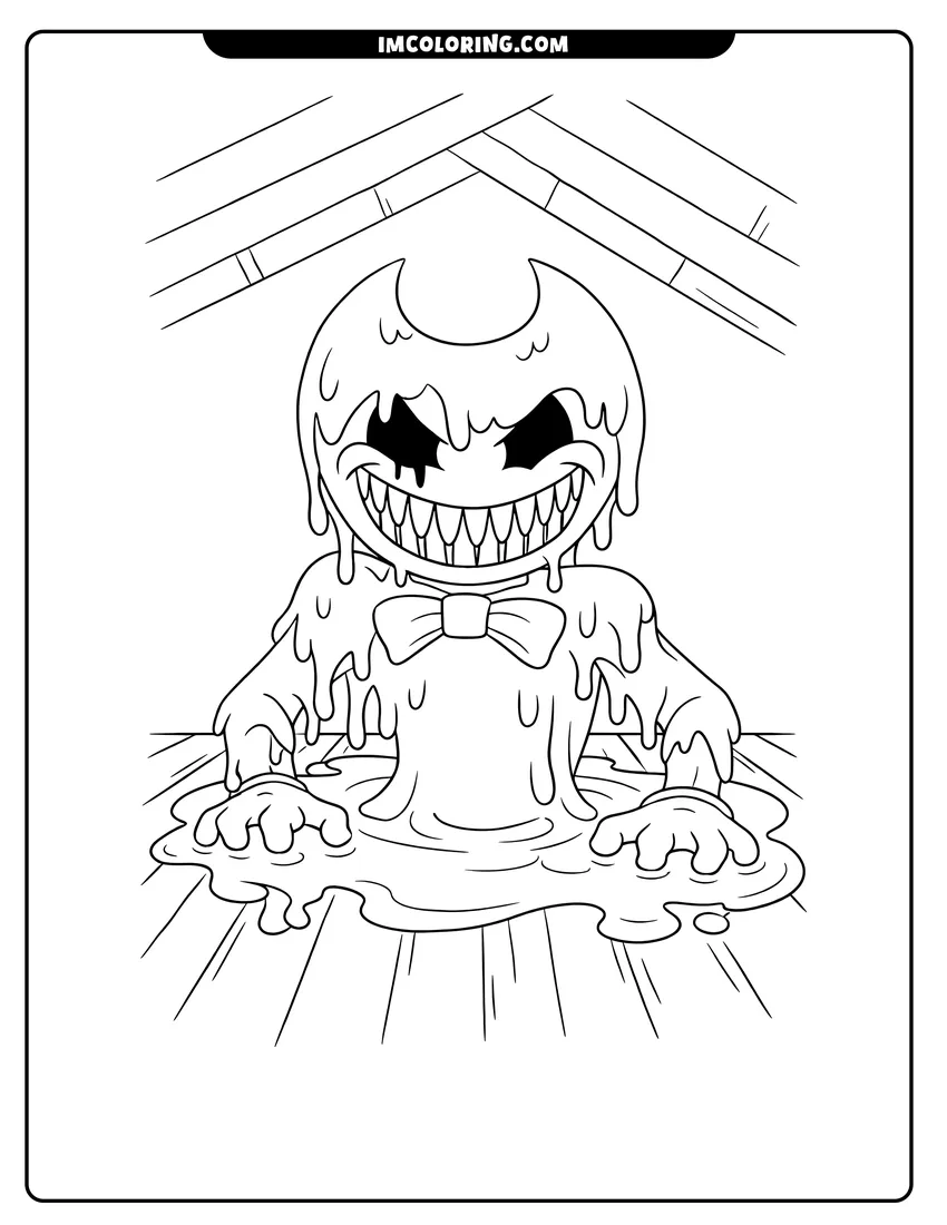 Simple sketch of Ink Bendy crawling out of a puddle on the floor for children