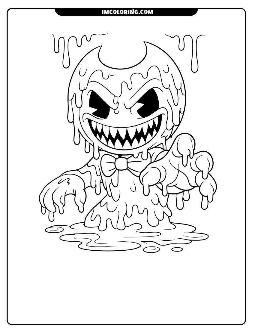 Ink Bendy reaching his hand forward from the shadows coloring page for preschoolers