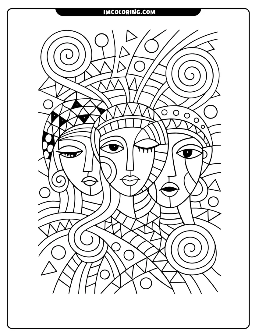 Outline of Three intertwined abstract cubist faces with patterns on a white background