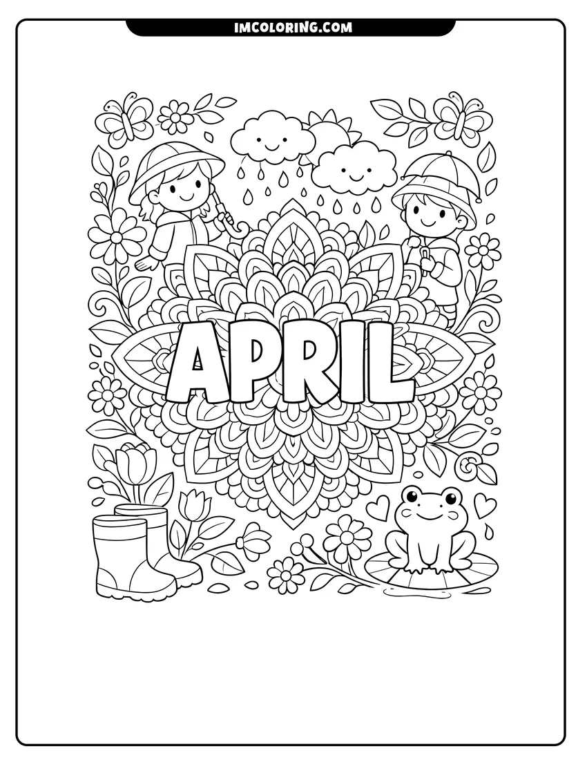 Printable coloring page featuring Detailed floral mandala with the word April in center