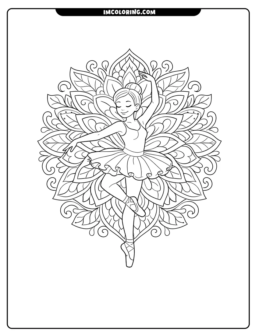 Simple sketch of Ballerina in an intricate floral mandala design for children