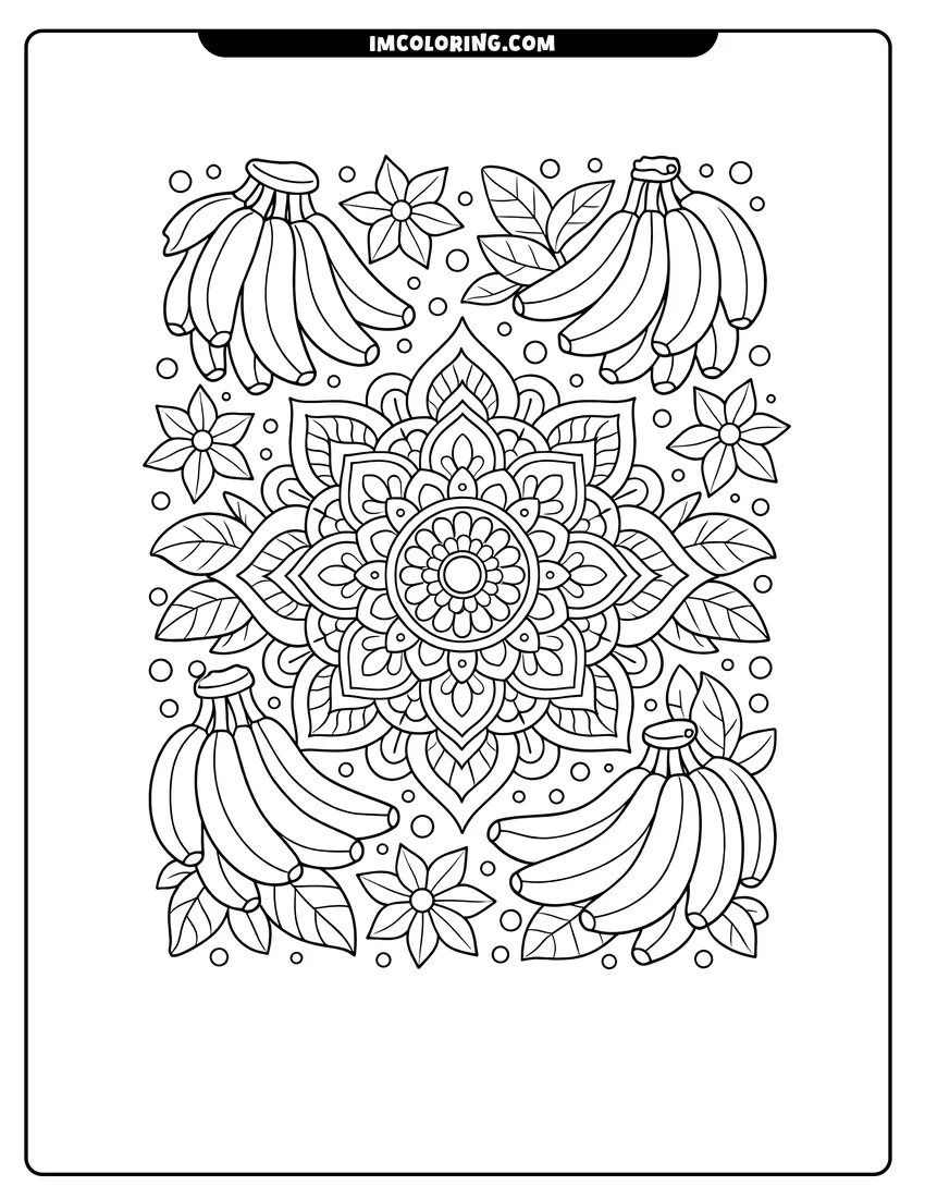 Simple line drawing of Symmetrical mandala with bananas and floral patterns
