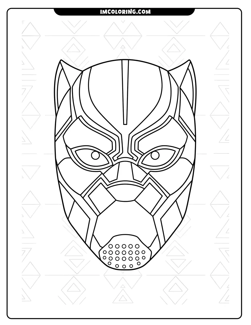Printable coloring page featuring Front view of the detailed Black Panther mask