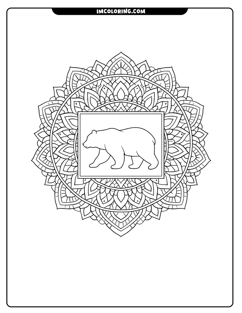 Simple sketch of Bear silhouette inside an intricate mandala design for children
