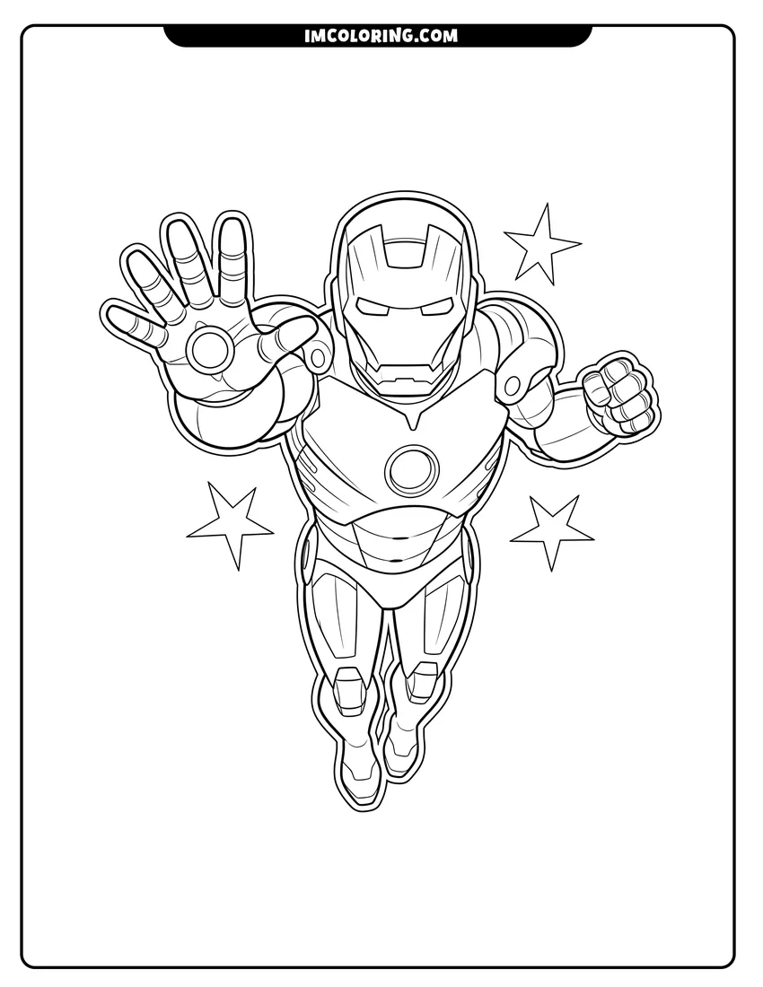 Kawaii style Iron Man flying with open palm repulsor coloring picture