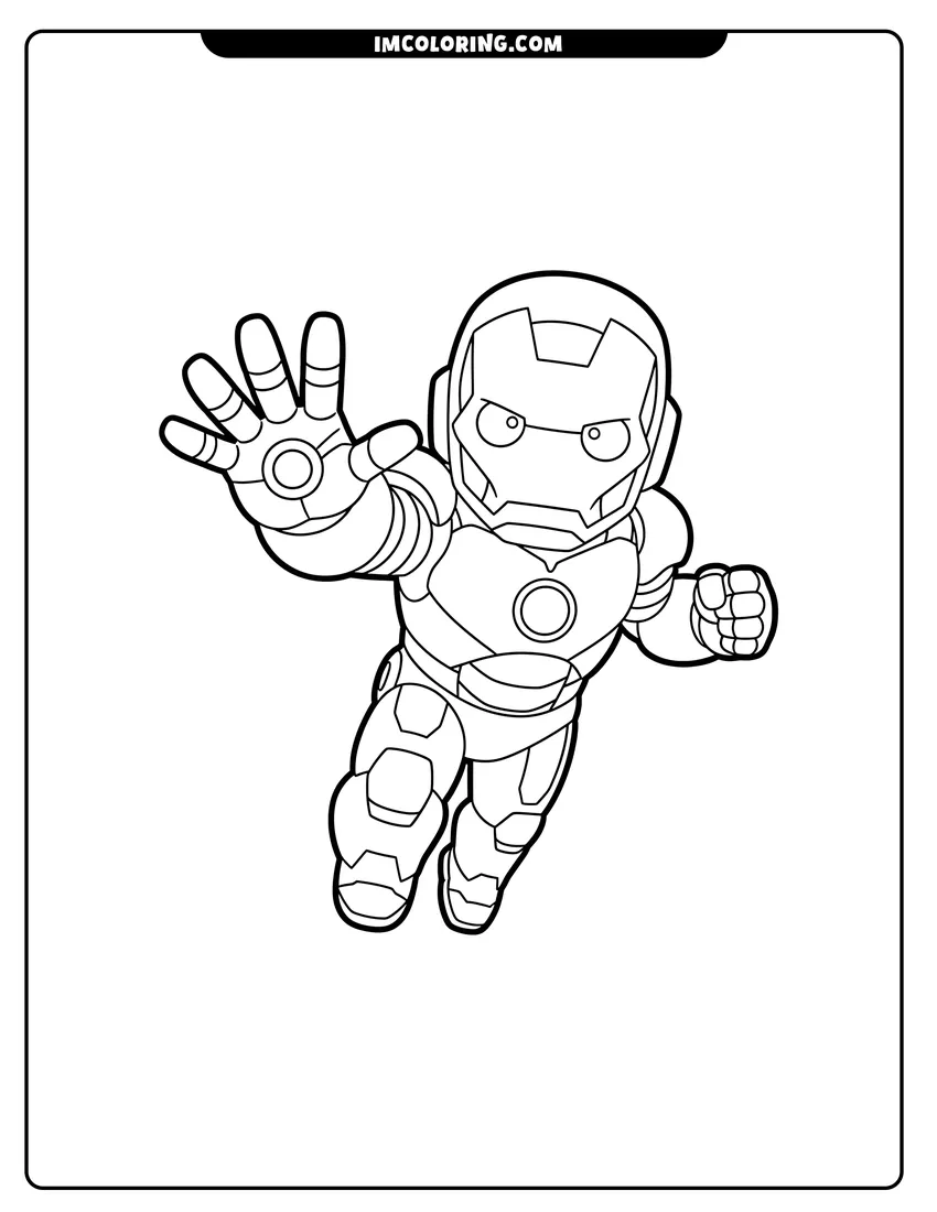 Kids activity sheet showing Iron Man flying forward with extended repulsor hand