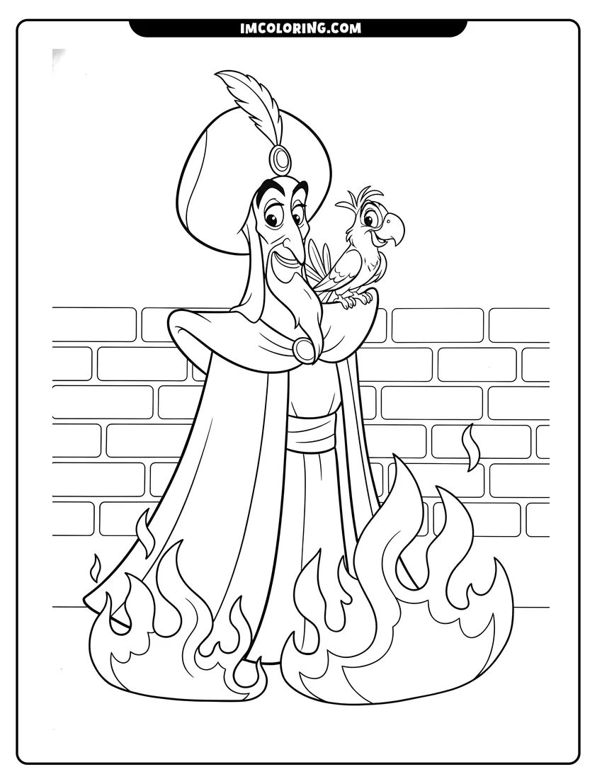 Coloring sheet of Jafar and Iago standing near rising magical flames for kids