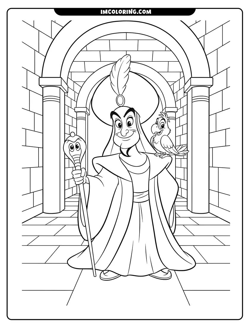 Outline of Jafar holding a cobra staff with Iago the parrot on a white background